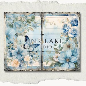 May include: A digital art print featuring a floral design with blue and cream-colored flowers, a butterfly, and the text "PINK LAKE STUDIO". The artwork has a vintage, distressed aesthetic with a light blue background.