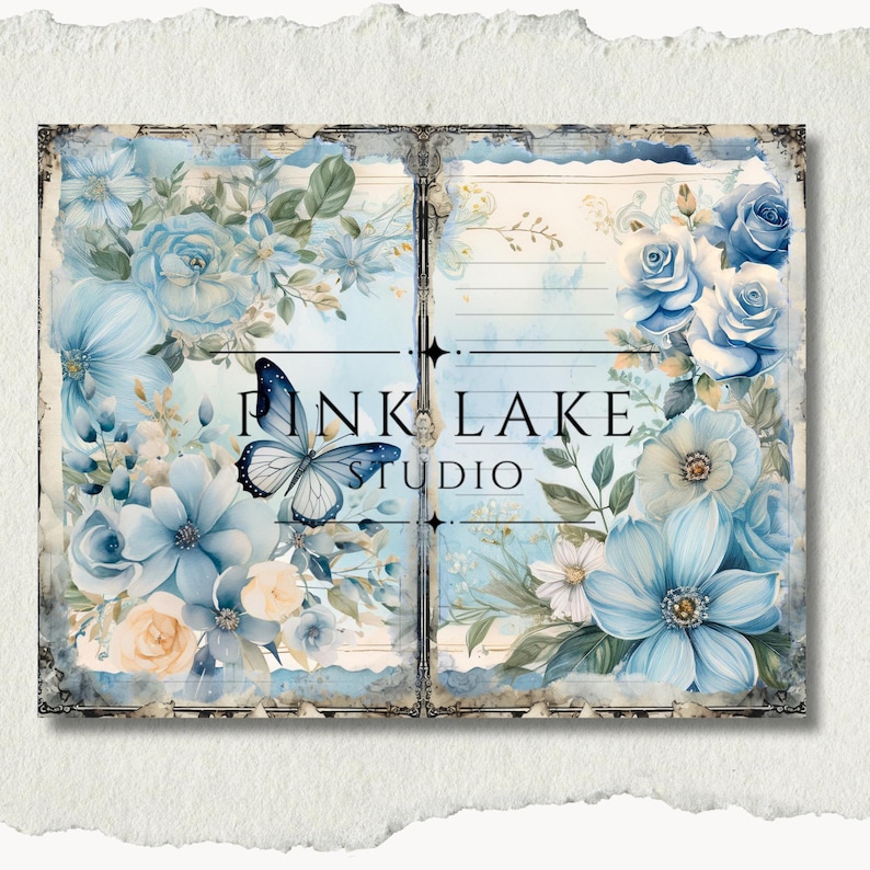 May include: A digital art print featuring a floral design with blue and cream-colored flowers, a butterfly, and the text "PINK LAKE STUDIO". The artwork has a vintage, distressed aesthetic with a light blue background.