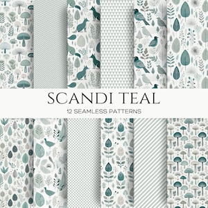 Ensemble de papier numérique transparent bleu sarcelle scandinave, motifs forestiers scandinaves, feuilles d'inspiration nordique et motifs naturels, oiseaux, arbres, feuilles, renard