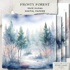 Papier numérique de Noël forêt givrée, arrière-plans hiver arbre enneigé, kit de scrapbooking vacances aquarelle forêt, ensemble de motifs pin glacé