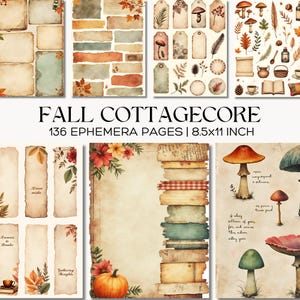 Fall Cottagecore Ephemera Kit, Vintage Mushroom Green & Orange Tags, Fussy Cuts Junk Journal Pages