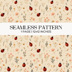Könnte beinhalten: Ein nahtloses Muster mit Marienkäfern, Blumen und Blättern in Rot, Rosa und Grün auf cremefarbenem Hintergrund. Der Text "SEAMLESS PATTERN" wird über "1 PAGE | 30x30 cm" angezeigt.