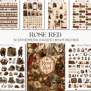 Rose Red Fairy Tale Ephemera Pages Grimm Inspired Junk Journal Kit Printable Woodland Tags