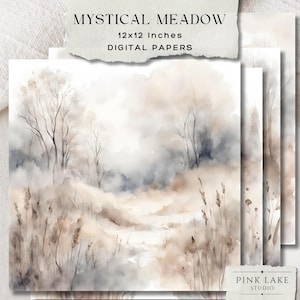 Conjunto de papel digital Mystical Meadow, 4 fundos neutros de paisagens aquarela suaves para diários de lixo, scrapbooking, artesanato Download instantâneo