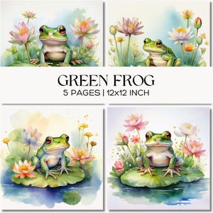 May include: Watercolor art prints featuring green frogs with red eyes, sitting on lily pads, surrounded by pink and white lotus flowers. The text "GREEN FROG" and "5 PAGES | 12x12 INCH" is displayed.