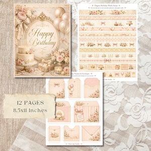 May include: A selection of vintage-style stationery. The image features a birthday card with a cake and the words "Happy Birthday", washi tape strips, and decorative envelopes. The card measures 21.6 x 27.9 cm.