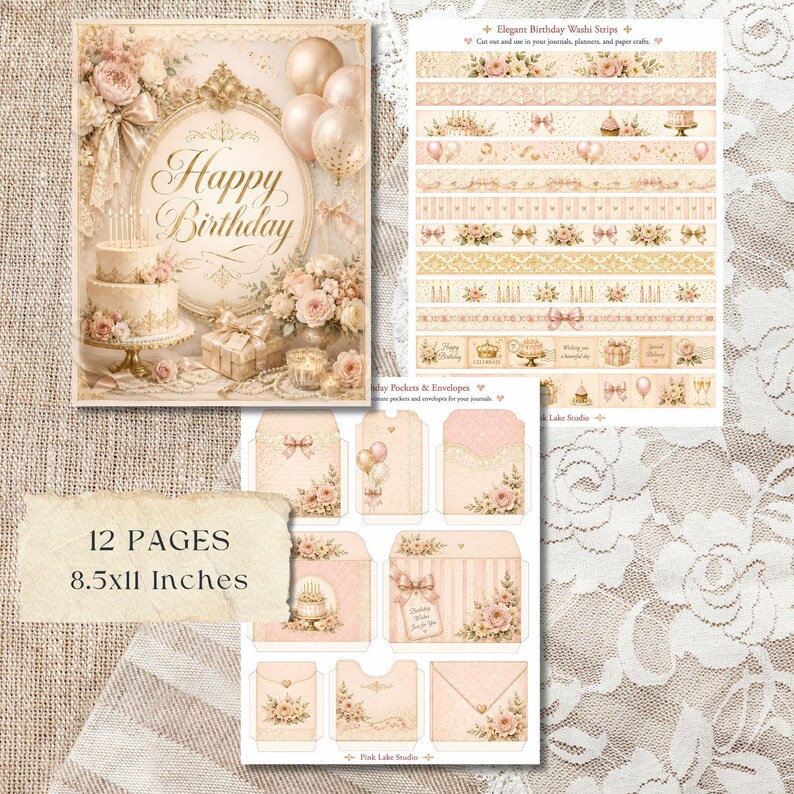 May include: A selection of vintage-style stationery. The image features a birthday card with a cake and the words "Happy Birthday", washi tape strips, and decorative envelopes. The card measures 21.6 x 27.9 cm.