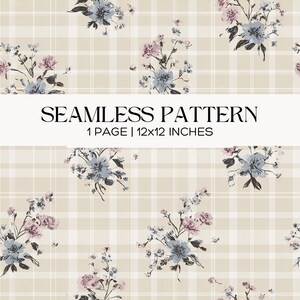 Puede incluir: Diseño de patrón sin costuras con ramos florales en tonos azules y rosas, sobre un fondo a cuadros beige. El texto "SEAMLESS PATTERN" se muestra sobre las dimensiones de 30,48 x 30,48 cm.