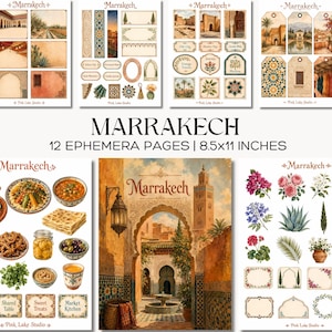 May include: A collection of 12 ephemera pages titled Marrakech, measuring 8.5x11 inches. The pages feature illustrations of Moroccan architecture, desert landscapes, food, plants, and decorative labels with text like Old City and Market Day.