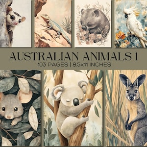 Ensemble de papier numérique animaux australiens, pack imprimable de la faune vintage, art de la nature australien, opossum, koala, kangourou, wombat, pages de journal indésirable