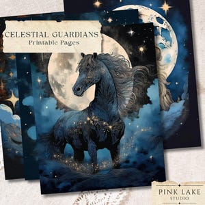 Celestial Guardians Sternzeichen Geist Tiere, mystische Mondkreaturen, Astrologie Digital Papier, Fantasy Junk Journal Seiten, Cosmic Scrapbook