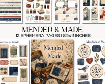 Slow Stitch Sewing Ephemera, Visible Mending Junk Journal Kit Printable Sashiko Patchwork Grandmillennial