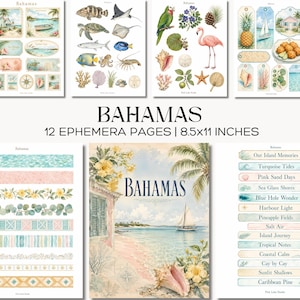 Peut inclure: Un ensemble de 12 pages d'éphémères intitulées Bahamas, mesurant 21,6x27,9 cm. Les pages présentent des illustrations à l'aquarelle de vie marine tropicale, de flore, de plages, de voiliers, d'ananas et d'étiquettes décoratives avec du texte.