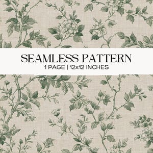 Peut inclure: Motif floral sans couture. Le motif présente des illustrations botaniques vertes de fleurs et de feuilles sur un fond beige. Le texte "SEAMLESS PATTERN" est affiché au-dessus des dimensions de 30x30 cm.