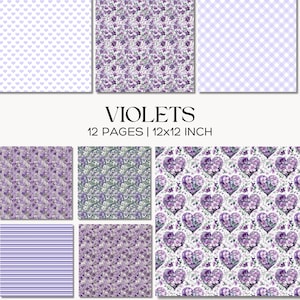 May include: A collection of violet-themed scrapbook paper sheets. The designs include hearts, floral patterns, and gingham checks in shades of purple and white. The text reads "VIOLETS 12 PAGES | 12x12 INCH".