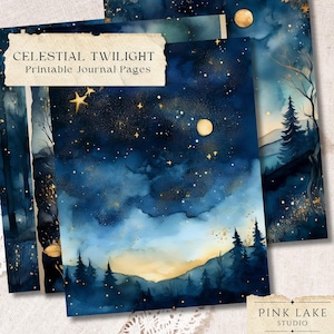 Celestial Twilight digitale papierbundel, sterrennacht aquarel achtergronden, gouden kosmische kunst, ongewenste dagboek, scrapbooking muurkunst afdrukbare