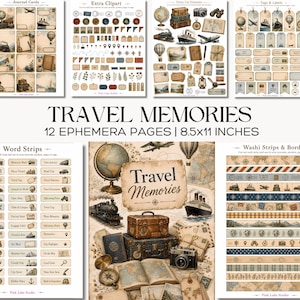 Può includere: Una collezione di 12 pagine di effimera intitolate Travel Memories, 21,6x27,9 cm, con grafiche di viaggio in stile vintage tra cui mappamondi, treni a vapore, navi da crociera, mongolfiere, valigie, fotocamere, mappe, strisce e nastri adesivi.