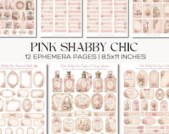 Różowe, shabby chic ephemera, drukowane karty do dziennika, tagi, paski washi, kwiatowy dziennik śmieci