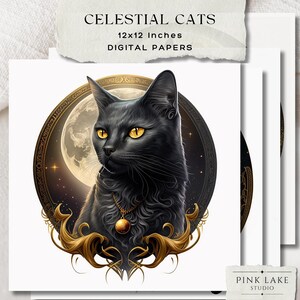 Ensemble imprimable chat noir céleste, art de chat mystique sur fond blanc, éphémères de journal indésirable de sorcières, pack de cliparts chat lune et étoiles