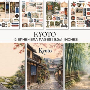 May include: A collection of 12 ephemera pages measuring 8.5x11 inches, featuring Kyoto-themed designs. The set includes various paper cutouts, tags, and labels with illustrations of Japanese architecture, cherry blossoms, and bamboo forests.
