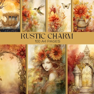 Rustikaler Charme Aquarell Junk Journal Kit, Vintage Cottagecore druckbare Papiere, Shabby Chic Hintergrund Ephemera, digitale Scrapbook Seiten