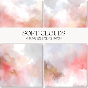 May include: Four digital art prints with a watercolor cloud design in shades of pink, peach, gray, and white. The text "SOFT CLOUDS" is displayed above the text "4 PAGES | 12x12 INCH".