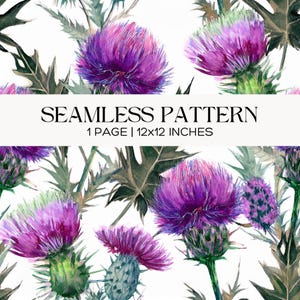 May include: Seamless pattern featuring watercolor illustrations of purple thistle flowers and green leaves on a white background. The text "SEAMLESS PATTERN" is displayed above "1 PAGE | 12x12 INCHES".