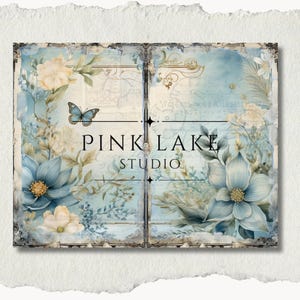 May include: A digital art print featuring a vintage-style design with a light blue and cream color palette. The artwork includes floral elements, a butterfly, and the text "PINK LAKE STUDIO". The overall aesthetic is reminiscent of antique ephemera.
