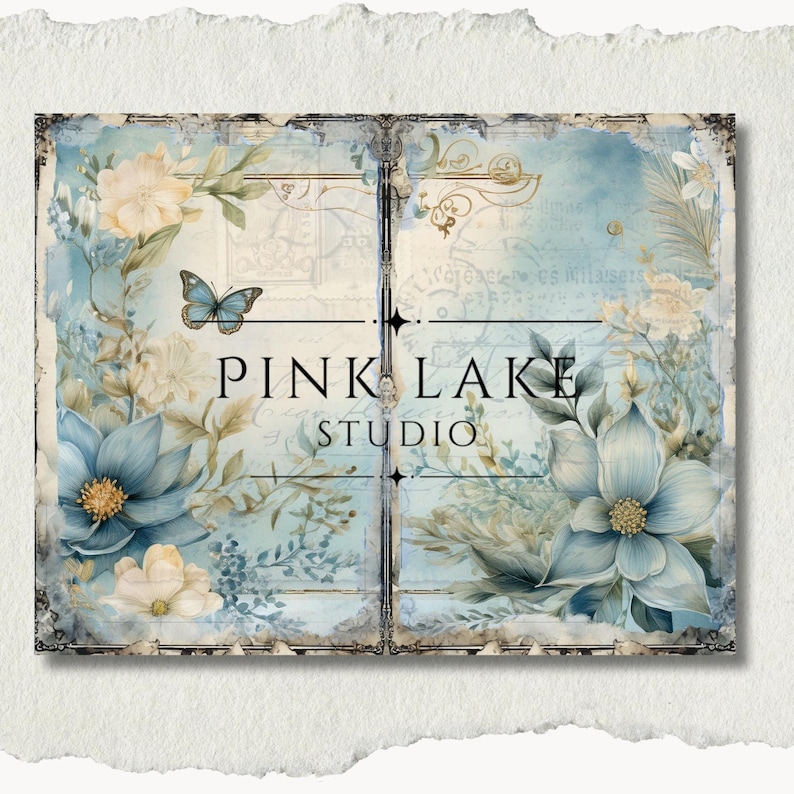 May include: A digital art print featuring a vintage-style design with a light blue and cream color palette. The artwork includes floral elements, a butterfly, and the text "PINK LAKE STUDIO". The overall aesthetic is reminiscent of antique ephemera.