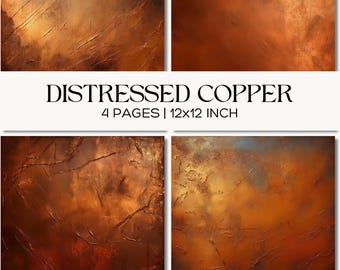 May include: Four square digital art prints with a distressed copper texture. The prints are in shades of brown, orange, and gold, with visible brushstrokes and a textured appearance. The text "DISTRESSED COPPER" and "4 PAGES | 12x12 INCH" are displayed.
