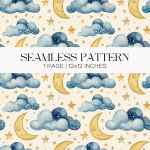 Moon and Clouds Seamless Pattern, Sleeping Moon Nursery Digital Paper, Celestial Baby Shower Background, 12x12 Night Sky Fabric Design