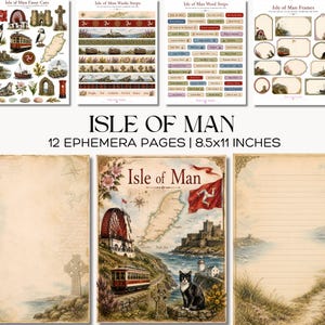 May include: A collection of Isle of Man themed ephemera pages. The set includes fussy cuts, washi strips, word strips, and frames. The pages are 8.5x11 inches and feature vintage illustrations of the Isle of Man.