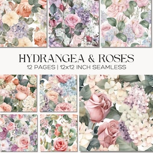 May include: A collection of watercolor floral designs featuring roses and hydrangeas in shades of pink, peach, and purple. The text "HYDRANGEA & ROSES" is displayed above the text "12 PAGES | 12x12 INCH SEAMLESS".