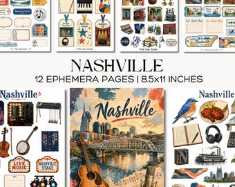 Nashville Junk Journal Kit, Printable Music City Ephemera, Country Music Tennessee Travel Scrapbook Pages