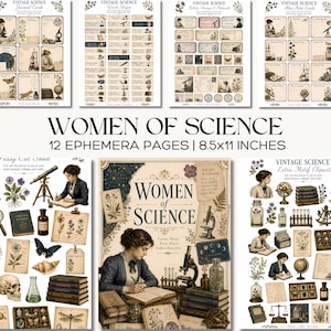Peut inclure: Un ensemble de 12 pages d'éphémères intitulées Women of Science, mesurant 21,59 x 27,94 cm. Les feuilles présentent des illustrations de style vintage de scientifiques, dessins botaniques, télescopes, microscopes, livres, papillons et étiquettes.