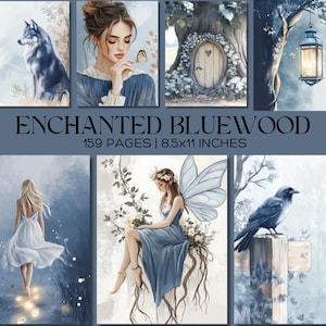 Enchanted Bluewood Junk Journal Kit, digitaal papier sprookjesbos, fantasie-ephemera, blauwe en zilveren esthetiek, afdrukbare plakboekpagina's