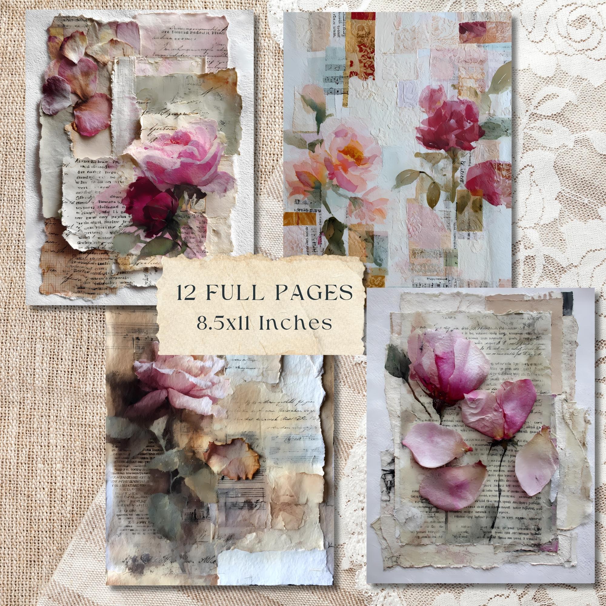 Vintage Rose Junk Journal Pages, Shabby Chic Digital Paper Ephemera ...
