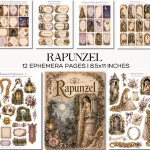 Pode incluir: Um conjunto de 12 páginas de efêmera de 8,5x11 polegadas, com ilustrações temáticas da Rapunzel, incluindo torres, tranças longas, arranjos florais, chaves e lanternas em uma estética vintage com etiquetas de texto e cartões de diário.
