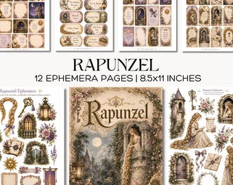 Rapunzel Fairy Tale Ephemera Pages Vintage Junk Journal Kit Printable Princess Tags, Fussy Cuts