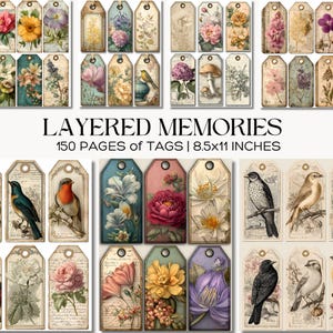 May include: A selection of vintage-style gift tags adorned with floral and bird illustrations. The tags showcase diverse flowers, birds, and botanical elements in soft pastel hues. The text "LAYERED MEMORIES" and "150 PAGES OF TAGS | 21.6x27.9 cm" are also visible.