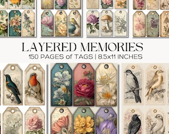 Shabby Chic Gift Tags, Botanical Junk Journal Printable Craft Labels, Floral Birds Ephemera Set