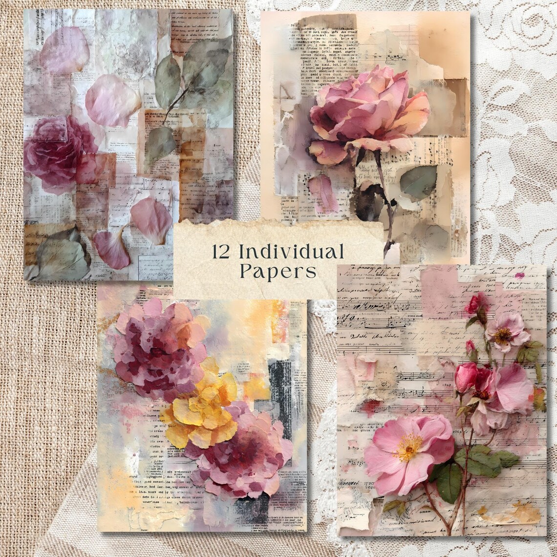 Vintage Rose Junk Journal Pages, Shabby Chic Digital Paper Ephemera ...