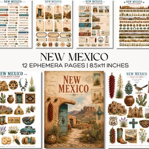 May include: A collection of 12 New Mexico themed ephemera pages measuring 8.5x11 inches, featuring printed sheets of word strips, tags, labels, tickets, stamps, postcards, washi strips, borders, motif clipart, and fussy cut sheets with desert imagery.