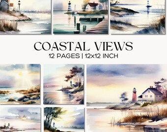 Ocean Watercolor Paper Set, Coastal Scrapbook Printables, Lighthouse, Beach, Sunset Digital Junk Journal Pages
