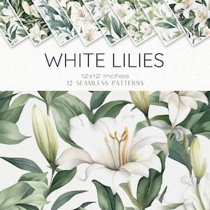Padrões sem emendas de lírios brancos, papel para scrapbook floral, download digital de 12x12", artesanato para casamento, inserções de planejador para impressão, diário de lixo