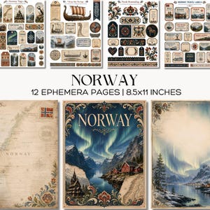 Può includere: Una collezione di pagine ed etichette di efemeridi in stile vintage a tema Norvegia. L'immagine include etichette decorative, illustrazioni di navi vichinghe e viste panoramiche. Il testo "NORWAY" e "12 EPHEMERA PAGES | 21.6x28 cm" sono visibili.