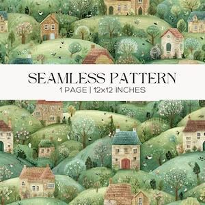 Könnte beinhalten: Nahtloses Muster mit einer malerischen Dorflandschaft mit grünen Hügeln, Häusern, Bäumen und Vögeln. Der Text lautet "SEAMLESS PATTERN" und "1 PAGE | 12x12 INCHES". Das Muster ist ein sich wiederholendes Design, ideal für Bastelprojekte.