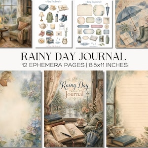 May include: A digital collection of 12 ephemera pages titled Rainy Day Journal, measuring 21.6x27.9 cm. The set includes watercolour-style illustrations of cosy indoor scenes, rainy windows, umbrellas, rain boots, books, and decorative labels.