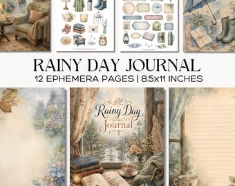 Rainy Day Junk Journal Kit, Cozy Cottage Printable Ephemera, Umbrella Tags, Rainy Window Pages