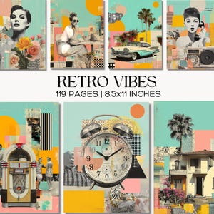 May include: A collection of art prints with a retro theme. The prints feature vintage imagery, including a classic car, a jukebox, and a retro alarm clock. The text "RETRO VIBES" is displayed, along with "119 PAGES | 8.5x11 INCHES". The color palette includes teal, yellow, and pink.